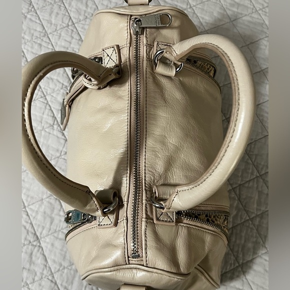 Badgely Mischa Vintage Crème Leather Boston Bag Satchel Expandable Snakeskin - Picture 3 of 10